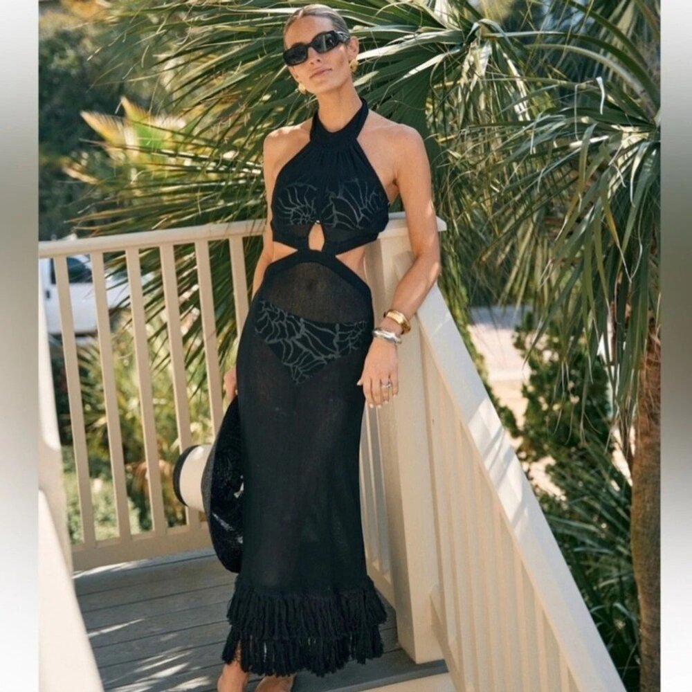 Medium - Antonio Melani Crochet Black Fringe Maxi Dress or Bathing Suit Cover …